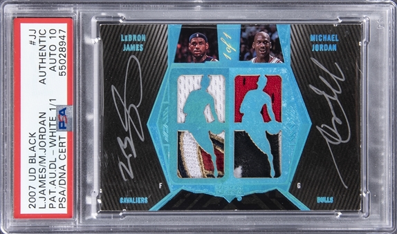 2007-08 Upper Deck UD Black #JJ Michael Jordan/LeBron James Signed Game Used Patch Card (#1/1) – PSA Authentic, PSA/DNA 10